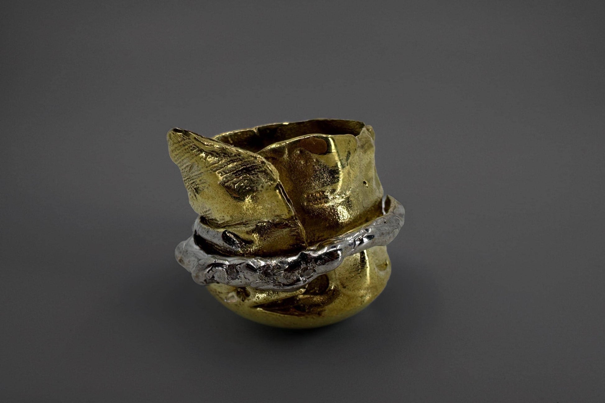 Goldeb brass ring on a dark gray background